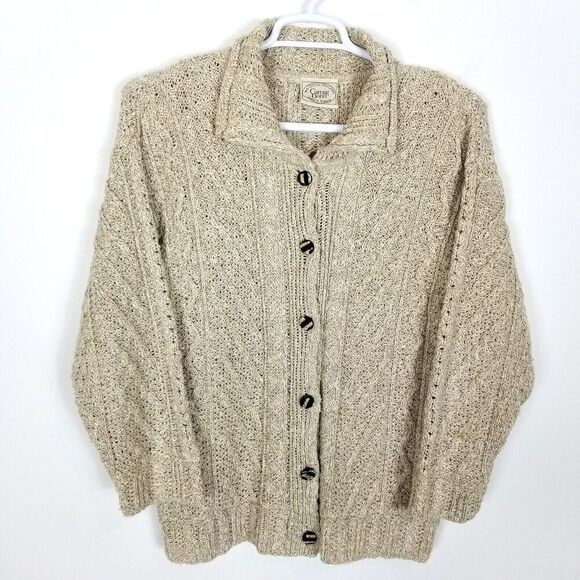 Carraig Donn Women Cotton Linen Cable Knit Cardigan Sweater Sz M Beige Natural - Picture 1 of 5